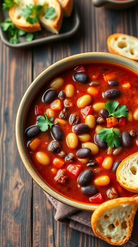 A hearty two-bean chili with black beans and kidney beans in a tomato base, garnished with cilantro on a rustic table with bread.
